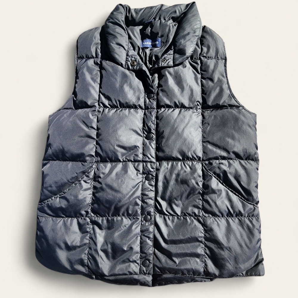 Lands'‎ End Puffer Vest Goose Down Quilted Snap Front Small Black Gorpcore